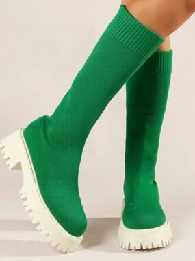 J Adams Vanessa Green Knee-High Knit Platform Boots, Chunky White Heel, Sz 6.5